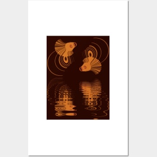 twin bright orange goldfish with ripples and water reflections Posters and Art